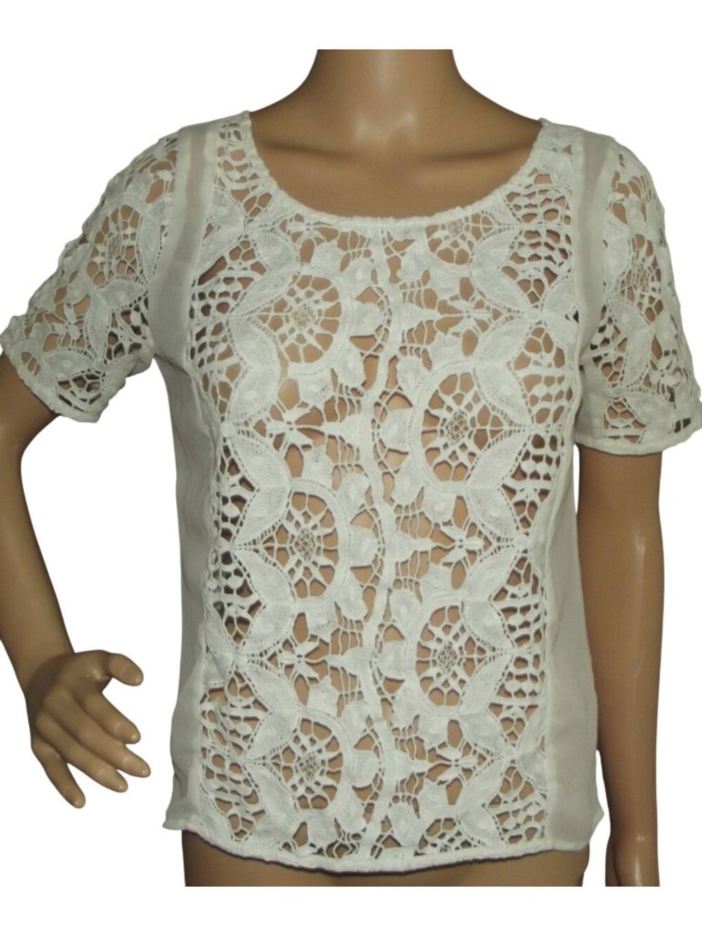 American Eagle Blouse Small Beige White Semi Sheer open lace Button Back top